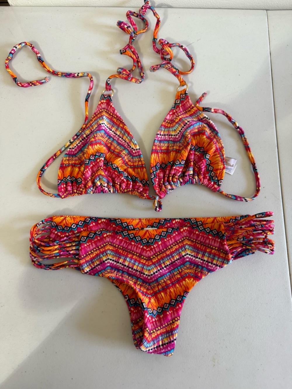 Luli Fama Multicolor Pink Orange Patterned Triangle Bikini